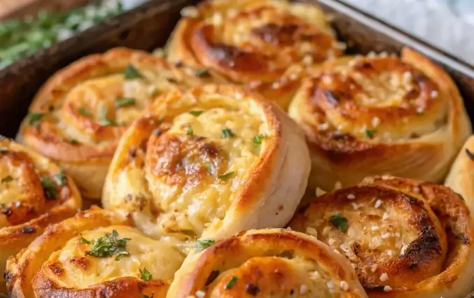 A close-up overhead shot of small garlic rolls made from rolled sandwich crusts, arranged in a round cast iron skillet, brushed with glistening garlic herb butter and sprinkled with coarse salt and chopped parsley, resting on a dark wooden table.