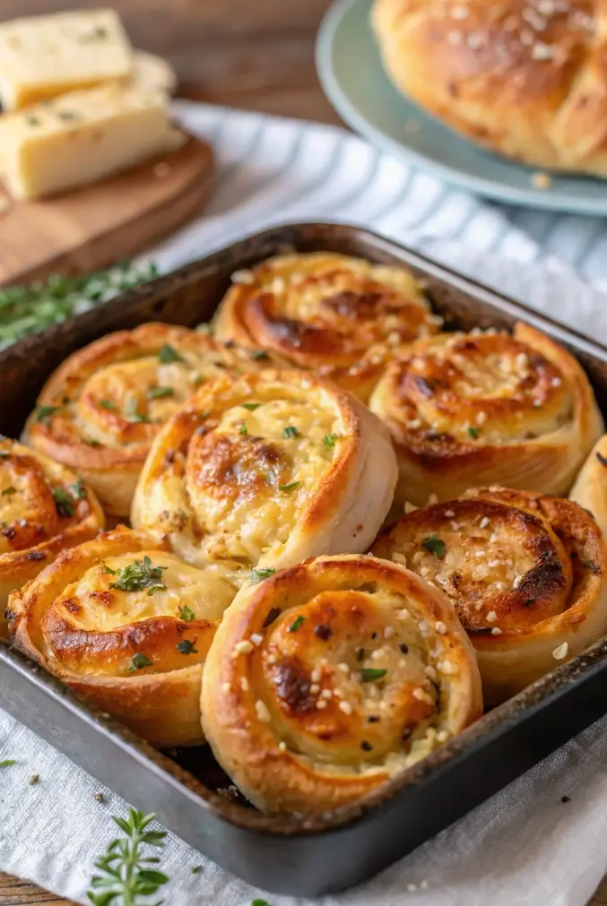 A close-up overhead shot of small garlic rolls made from rolled sandwich crusts, arranged in a round cast iron skillet, brushed with glistening garlic herb butter and sprinkled with coarse salt and chopped parsley, resting on a dark wooden table.