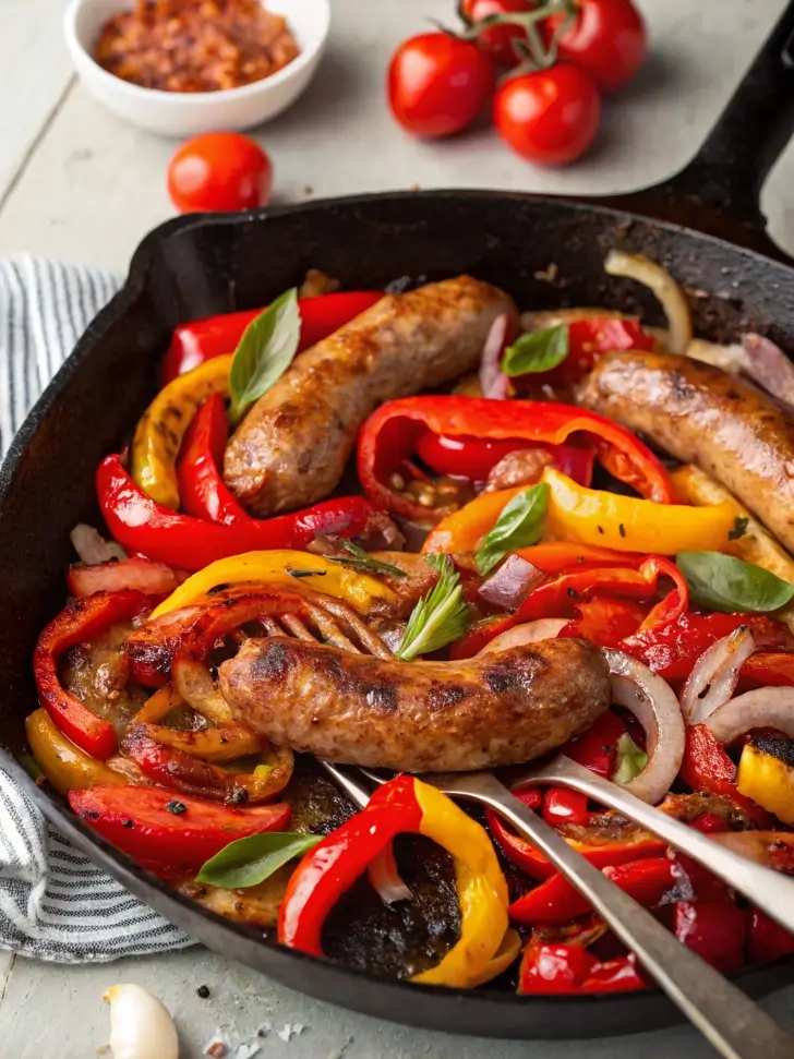 Italian sausage links browning in a cast iron skillet, developing a golden crust with visible sizzling fat and caramelized edges.

