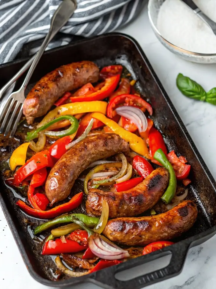 Italian sausage links browning in a cast iron skillet, developing a golden crust with visible sizzling fat and caramelized edges.

