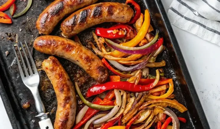 A cast iron skillet filled with sliced Italian sausage, colorful bell pepper strips in red, yellow, and orange, and caramelized onion ribbons glistening in a light pan sauce, shot from above on a dark wooden surface.