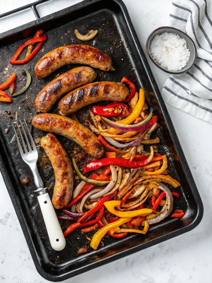 A cast iron skillet filled with sliced Italian sausage, colorful bell pepper strips in red, yellow, and orange, and caramelized onion ribbons glistening in a light pan sauce, shot from above on a dark wooden surface.
