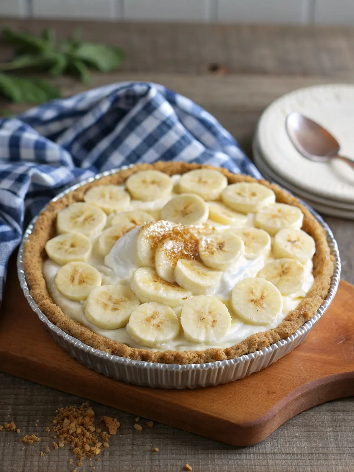 Overhead view of ingredients laid out on a cream-colored kitchen counter — an open block of cream cheese, a box of vanilla pudding mix, ripe bananas with yellow speckled skin, a measuring cup of cold milk, and a glass bowl of graham cracker crumbs mixed with melted butter.