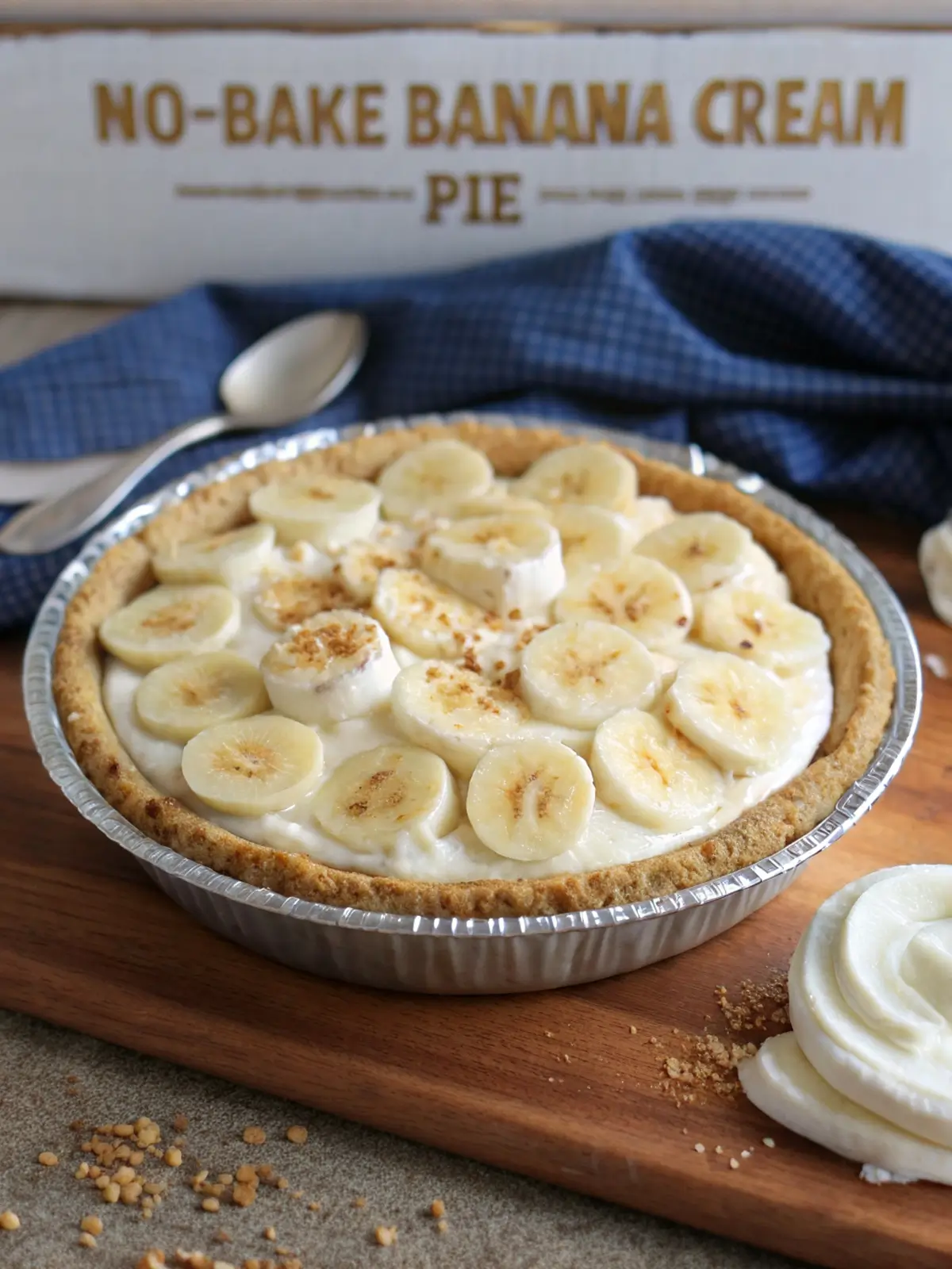 Overhead view of ingredients laid out on a cream-colored kitchen counter — an open block of cream cheese, a box of vanilla pudding mix, ripe bananas with yellow speckled skin, a measuring cup of cold milk, and a glass bowl of graham cracker crumbs mixed with melted butter.