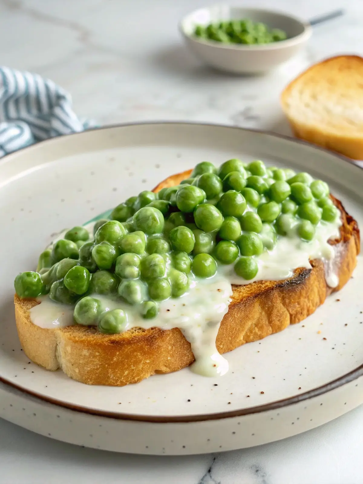 Two thick slices of sourdough toast on a white plate, topped generously with creamed peas in a silky white sauce, finished with cracked black pepper and fresh chopped chives.