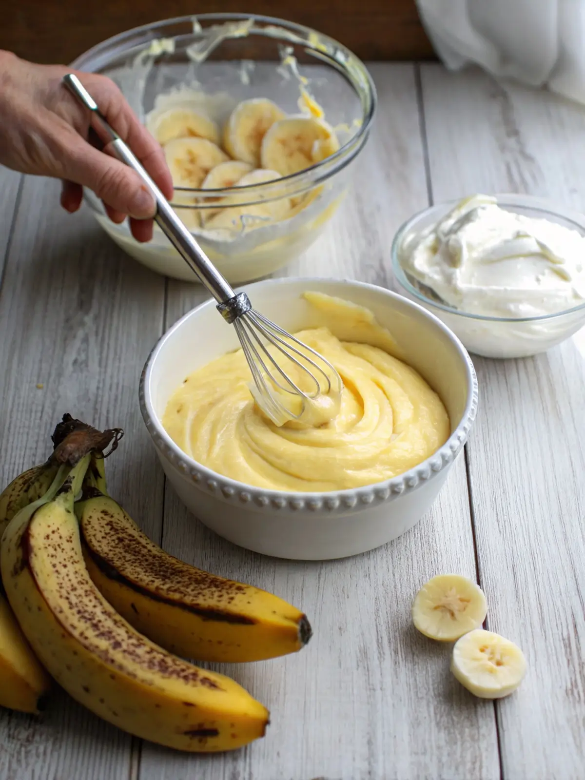 Overhead view of ingredients laid out on a cream-colored kitchen counter — an open block of cream cheese, a box of vanilla pudding mix, ripe bananas with yellow speckled skin, a measuring cup of cold milk, and a glass bowl of graham cracker crumbs mixed with melted butter.