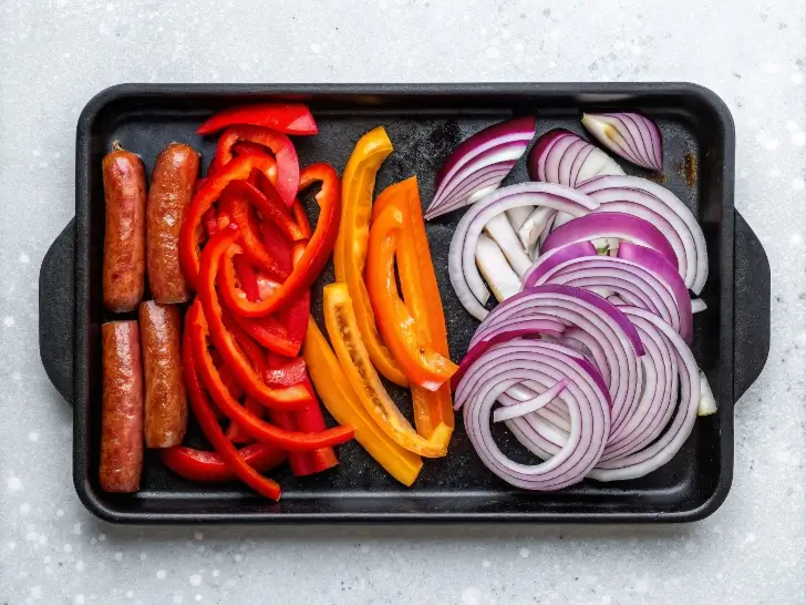 Italian sausage links browning in a cast iron skillet, developing a golden crust with visible sizzling fat and caramelized edges.

