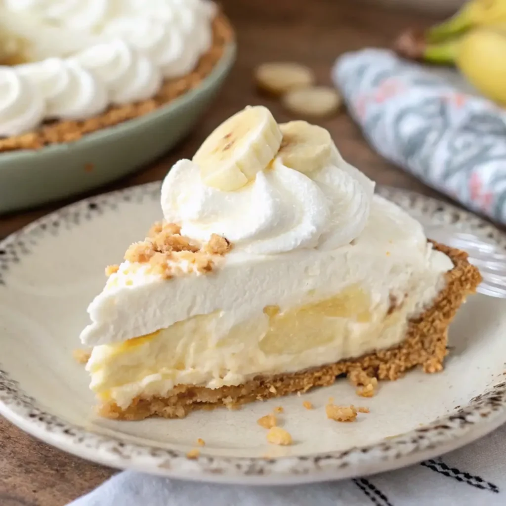 A chilled no-bake banana cream pie in a glass dish, topped with swirls of fresh whipped cream and overlapping banana slices, shot from above on a linen-covered wooden table with a vintage fork beside it.