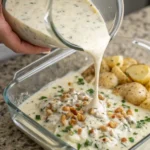 Close-up of crockpot scalloped potatoes served in a white bowl, showing layered potato slices in a thick cheddar cream sauce, garnished with fresh thyme, in warm natural light.