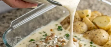 Close-up of crockpot scalloped potatoes served in a white bowl, showing layered potato slices in a thick cheddar cream sauce, garnished with fresh thyme, in warm natural light.