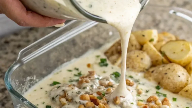 Close-up of crockpot scalloped potatoes served in a white bowl, showing layered potato slices in a thick cheddar cream sauce, garnished with fresh thyme, in warm natural light.