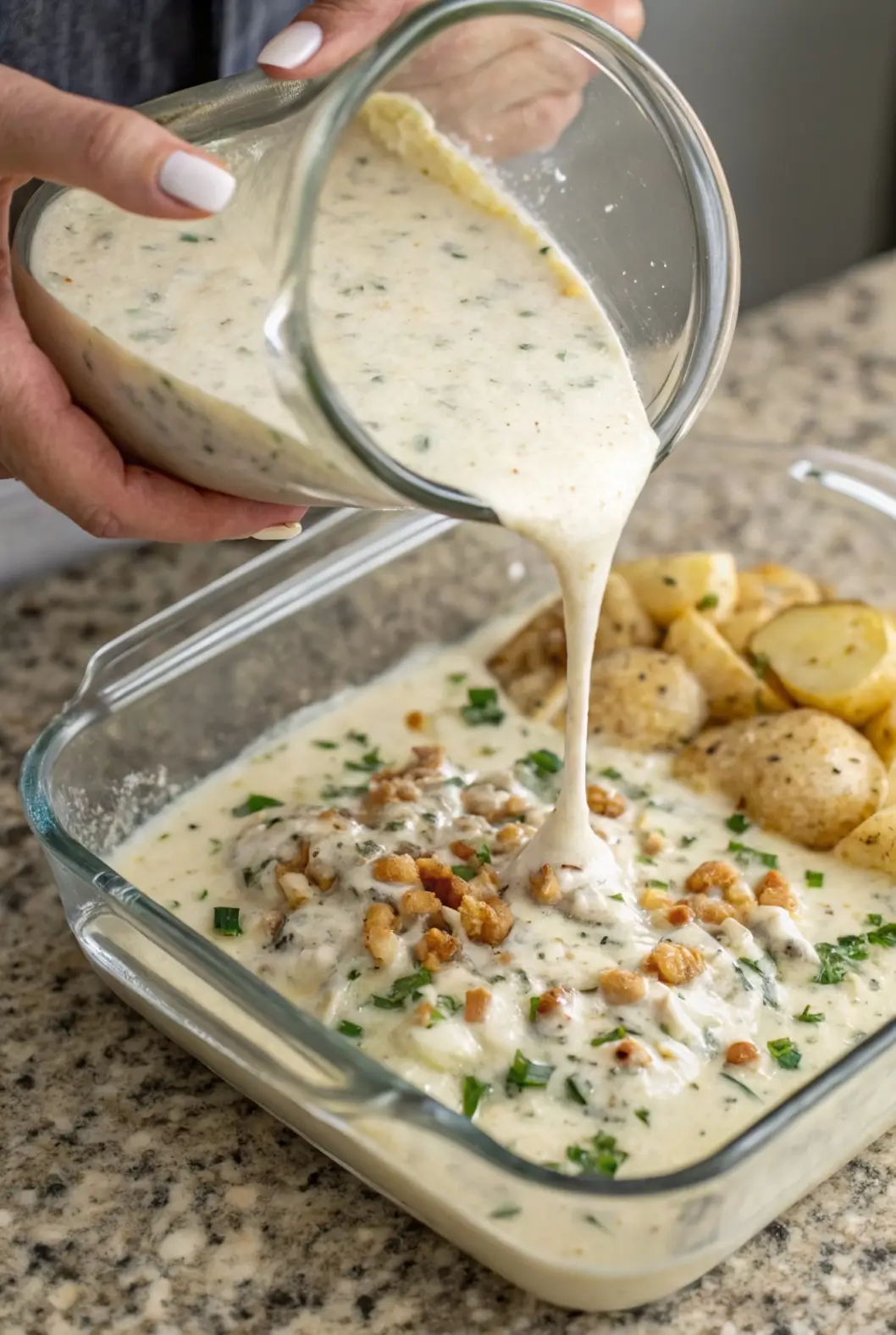 Close-up of crockpot scalloped potatoes served in a white bowl, showing layered potato slices in a thick cheddar cream sauce, garnished with fresh thyme, in warm natural light.