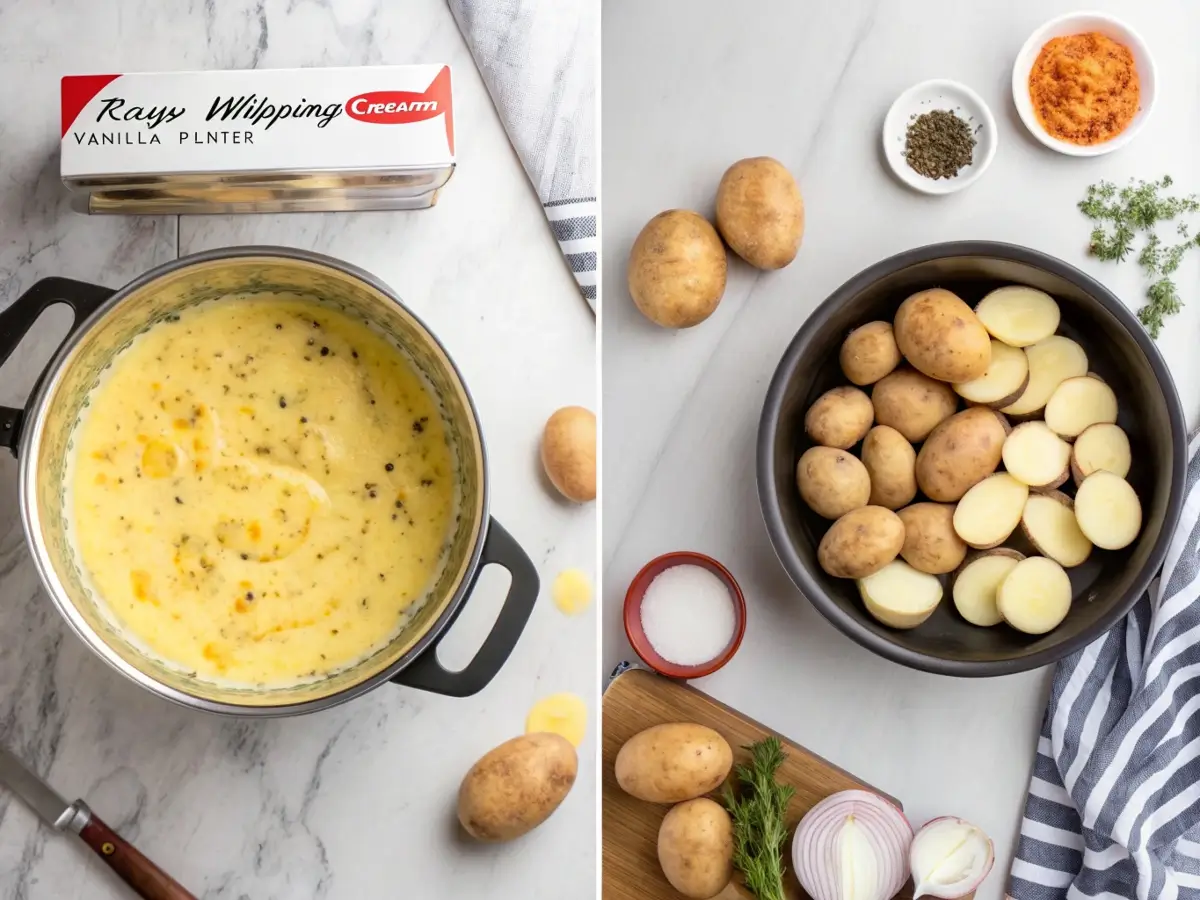 Close-up of crockpot scalloped potatoes served in a white bowl, showing layered potato slices in a thick cheddar cream sauce, garnished with fresh thyme, in warm natural light.