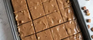 Broken pieces of Oklahoma Nut Candy on parchment paper, caramel-brown and crumbly with visible pecan chunks, photographed from above in warm natural light on a wood surface.
