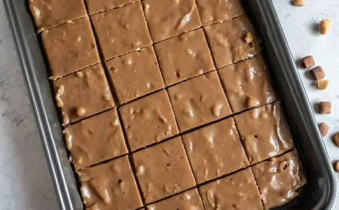 Broken pieces of Oklahoma Nut Candy on parchment paper, caramel-brown and crumbly with visible pecan chunks, photographed from above in warm natural light on a wood surface.