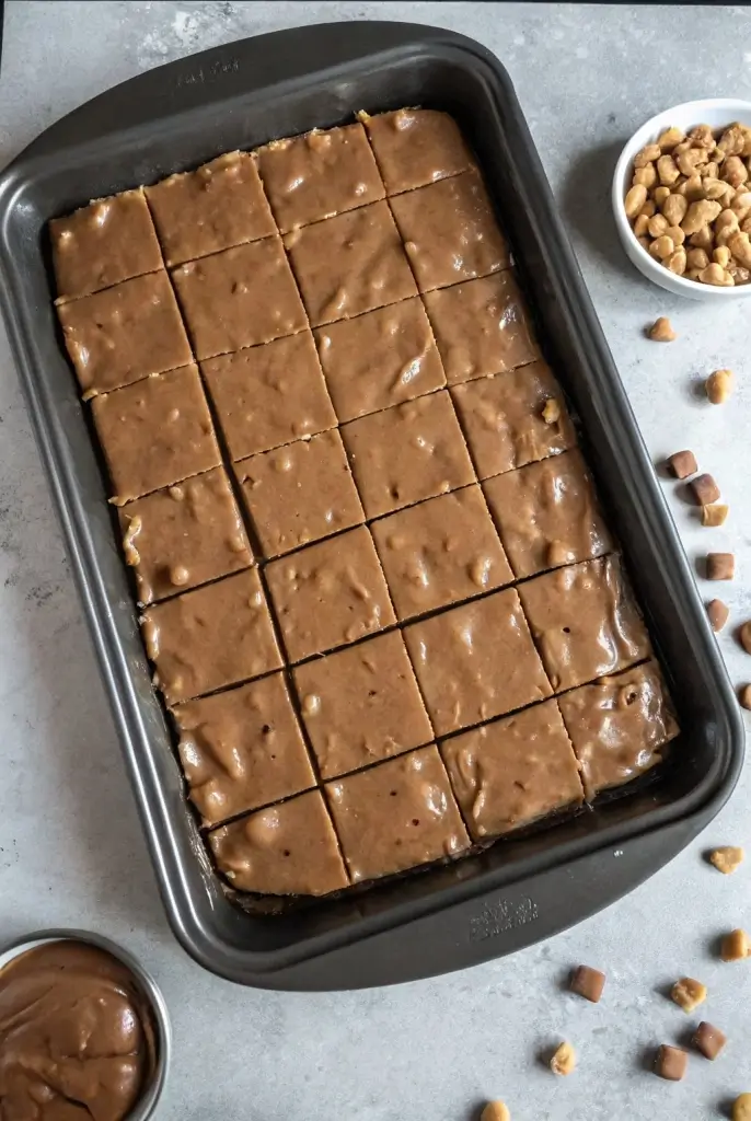 Broken pieces of Oklahoma Nut Candy on parchment paper, caramel-brown and crumbly with visible pecan chunks, photographed from above in warm natural light on a wood surface.