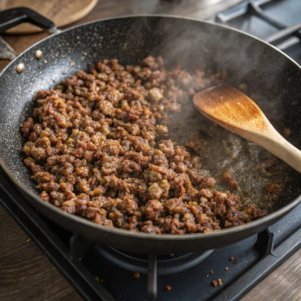 Sliced bell peppers arranged on top of ground beef and rice casserole before baking