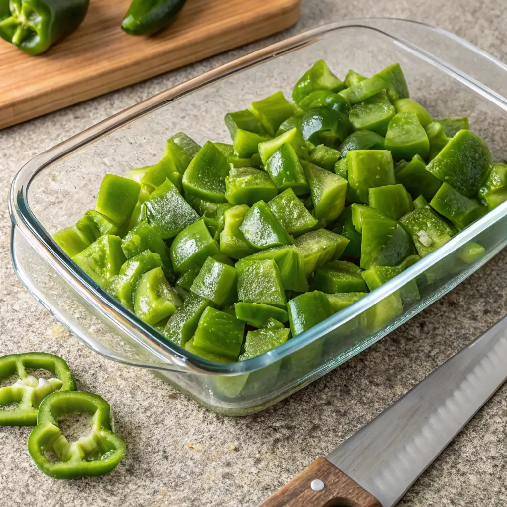 Close-up of a serving spoon scooping Amish beef and bell pepper bake onto a plate