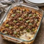 Oven-baked Amish beef and bell pepper casserole in a white baking dish, fresh from the oven