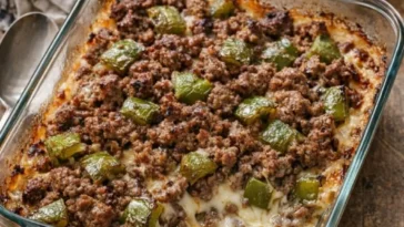 Oven-baked Amish beef and bell pepper casserole in a white baking dish, fresh from the oven