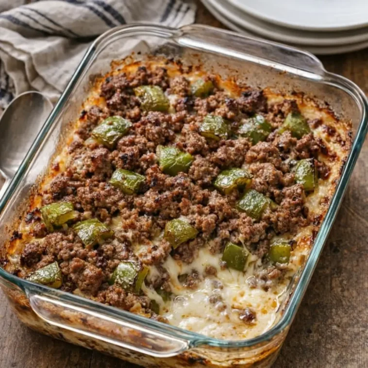 Oven-baked Amish beef and bell pepper casserole in a white baking dish, fresh from the oven