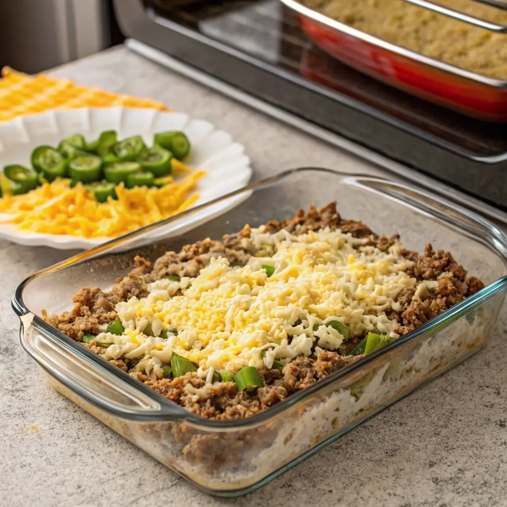 Four ingredients for Amish beef bake laid out on a kitchen counter — ground beef, bell peppers, rice, and condensed soup