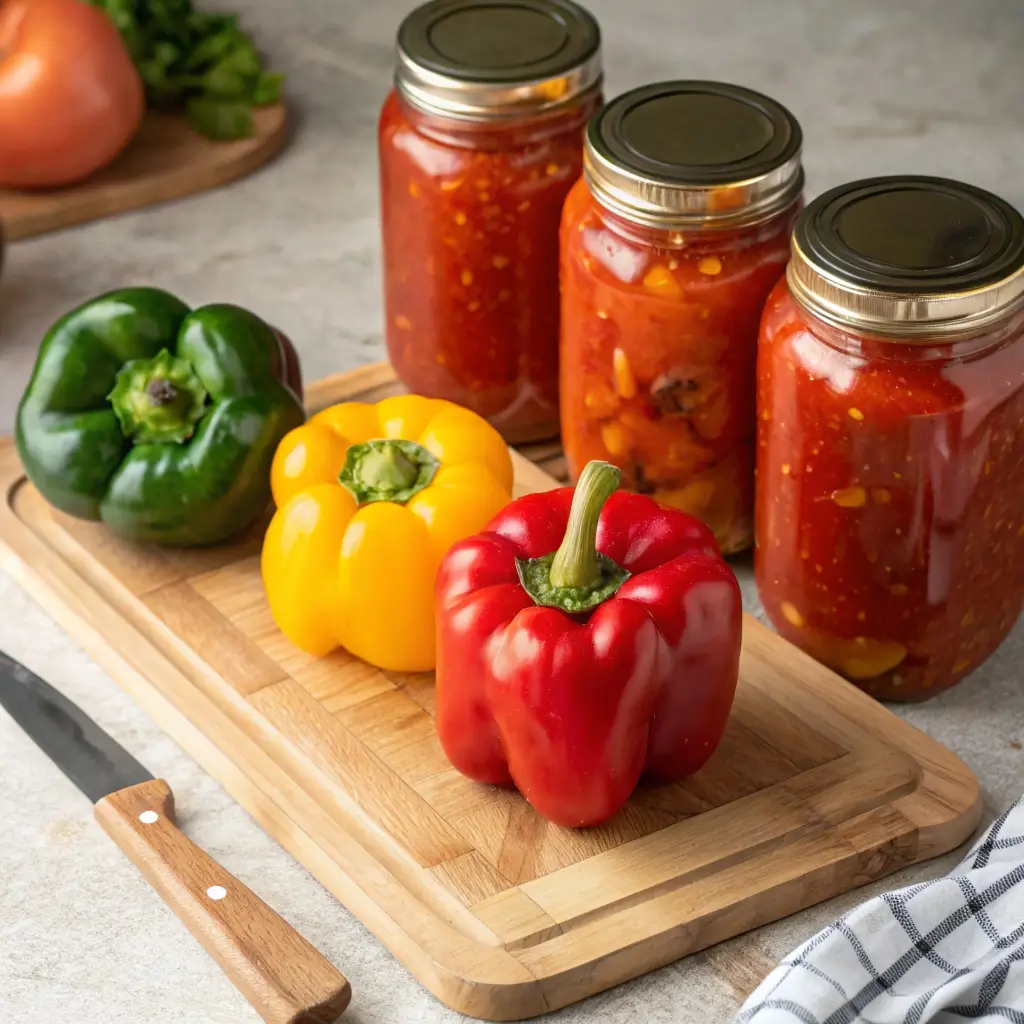 Sliced bell peppers arranged on top of ground beef and rice casserole before baking
