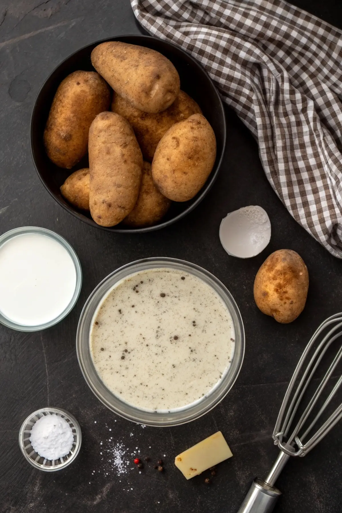 Close-up of crockpot scalloped potatoes served in a white bowl, showing layered potato slices in a thick cheddar cream sauce, garnished with fresh thyme, in warm natural light.