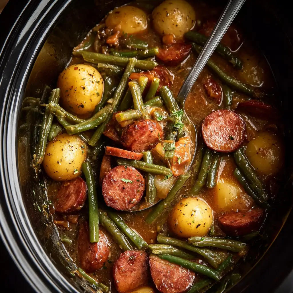 Close-up of cocktail sausages, kidney beans, and baby potatoes in a crockpot sauce
