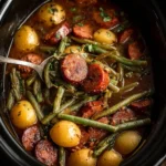 Crockpot smokies with beans and potatoes in a slow cooker, with thick smoky sauce