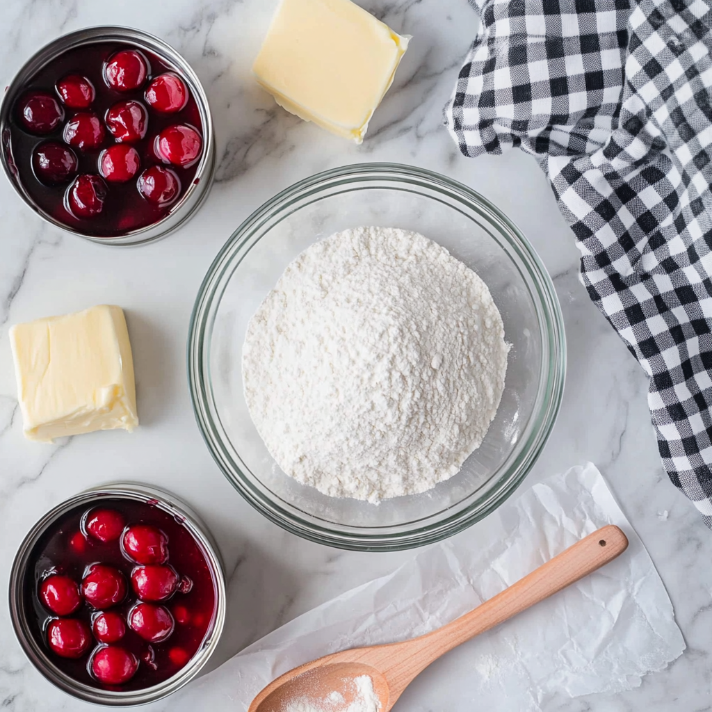 1 box of vanilla dry cake mix 2 cans of cherry pie filling 1 Stick of butter