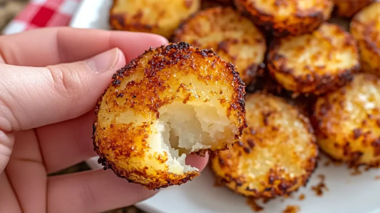 Golden roasted potato rounds topped with melted sharp cheddar and chives on a baking sheet