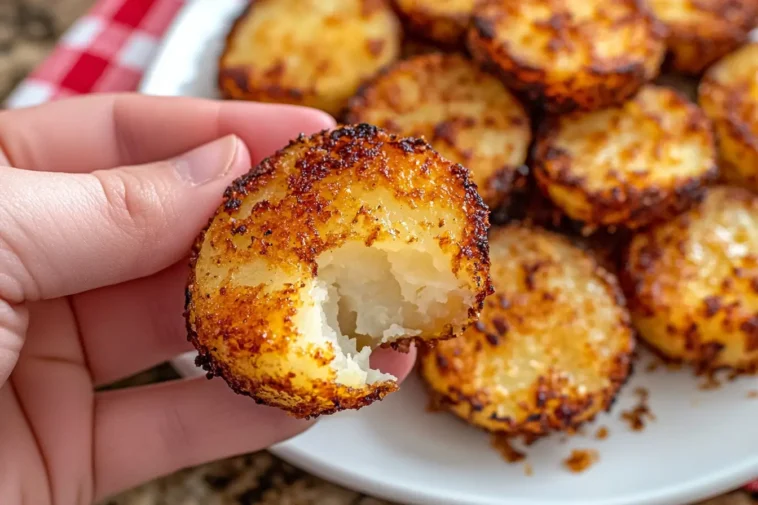 Golden roasted potato rounds topped with melted sharp cheddar and chives on a baking sheet