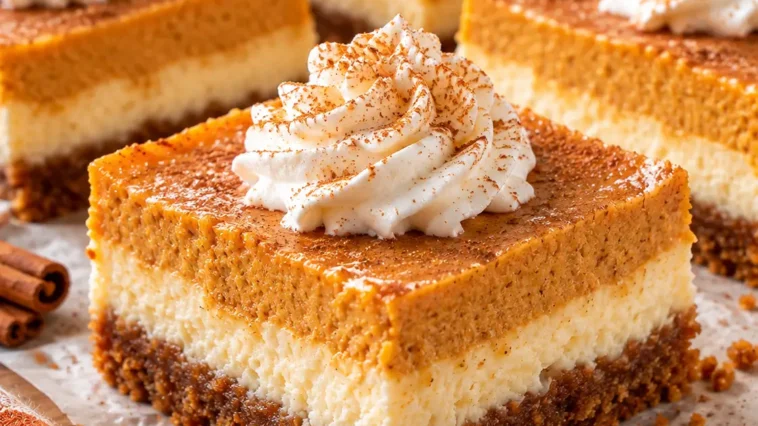 Pumpkin Cheesecake Bars with Cinnamon Cream